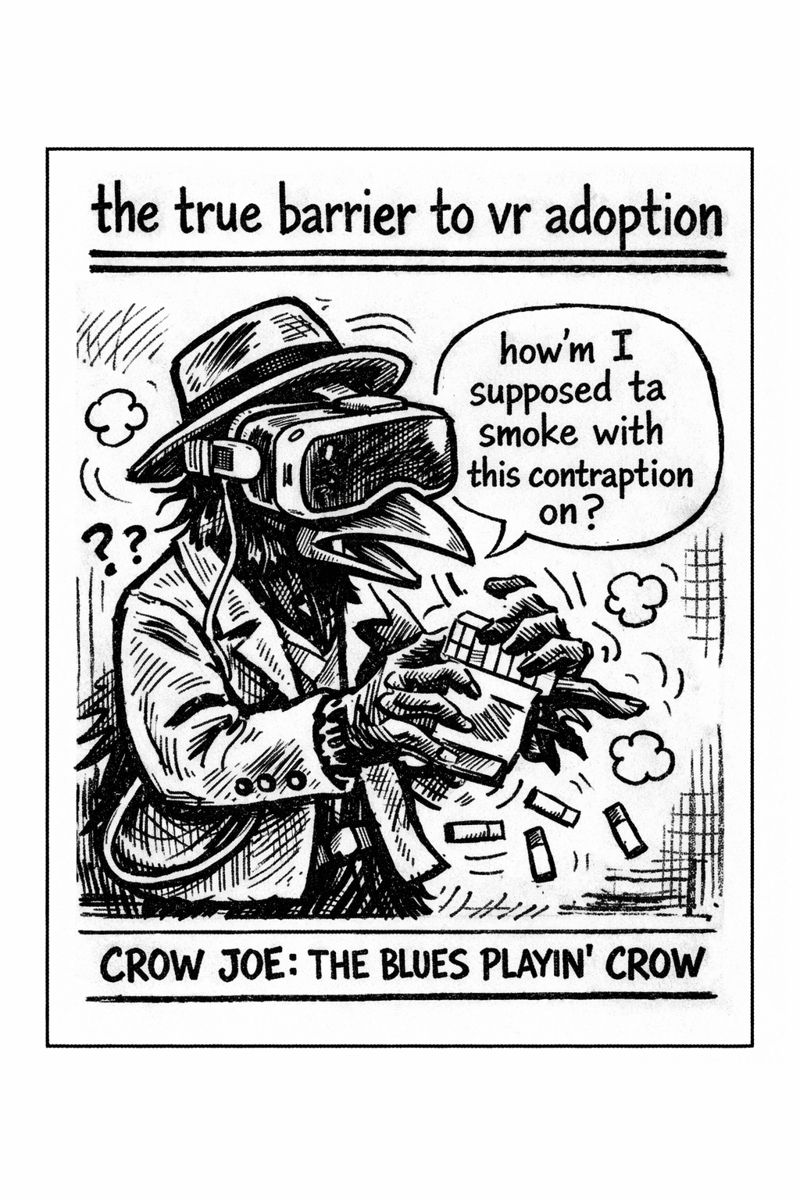 crow joe in the age of ai comic - crow joe the blues playing crow is wearing a vr headset while fumbling with a pack of his cigarettes. he says 'how''m i supposed ta smoke with this contraption on?' the caption reads the true barrier to vr adoption.  vr is still struggling with mass adoption, the form factor is a big part of it.  it is hard to smoke while you're in virtual reality